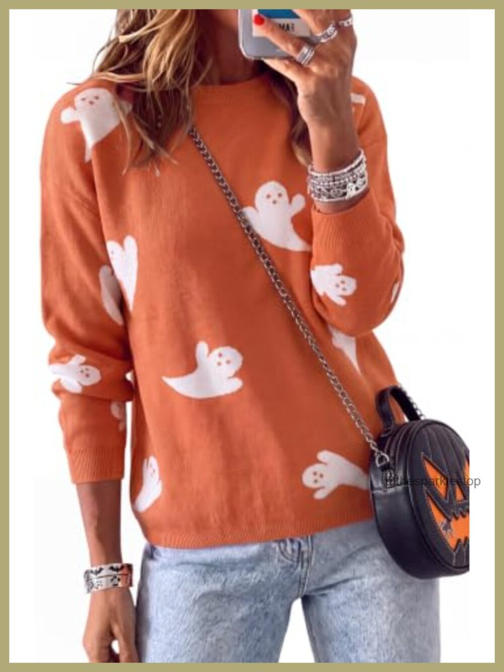 100% Cotton Relaxed Fit Ghost Print Crewneck Sweater Pullover